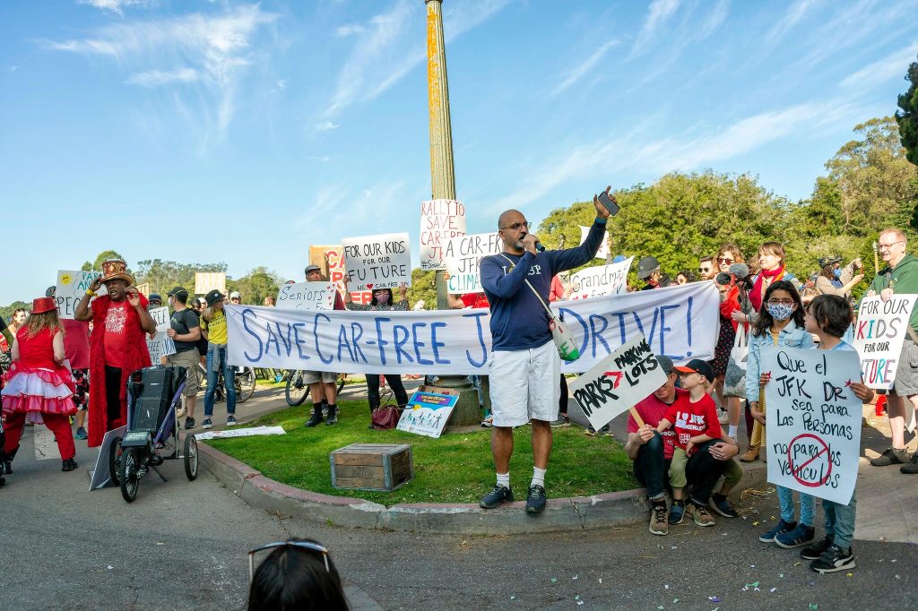 Deep Jawa with the San Francisco League of Conservation Voters made the case for car-free JFK as climate action on February 12. Photo by Sergio Ruiz.