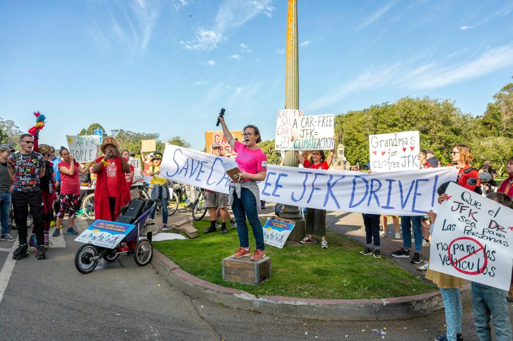 Walk San Francisco's executive director Jodie Medeiros spoke at the February 12 rally. Photo by Sergio Ruiz.
