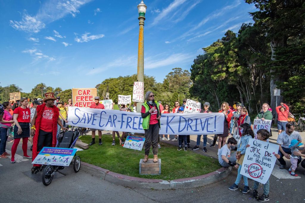 Ruth Malone, RN, PhD speaks at the February 12 rally about the importance of car-free JFK for public health. Photo by Jim Watkins.