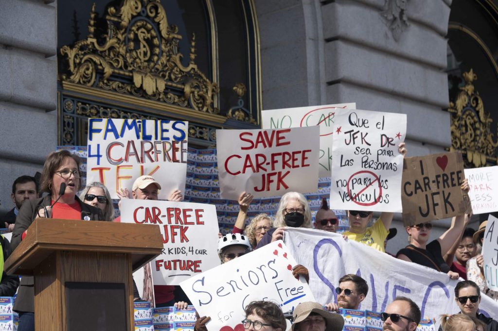 Walk SF's executive director Jodie Medeiros spoke at the March 1 rally at City Hall. Photo by William McLeod.