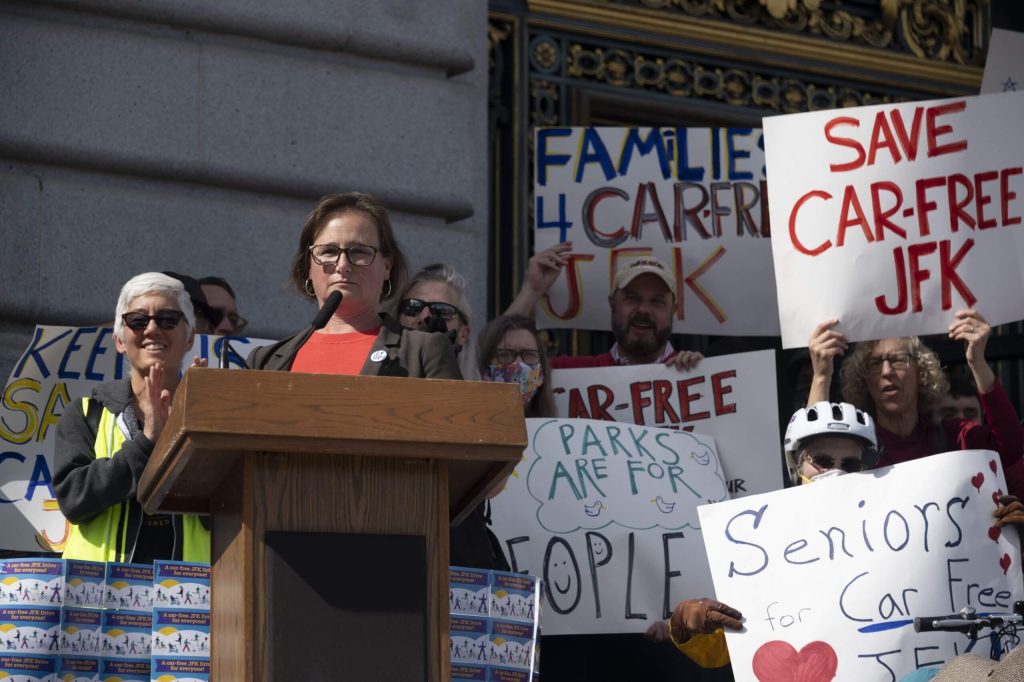 Walk SF's executive director Jodie Medeiros spoke at the March 1 rally at City Hall. Photo by William McLeod.