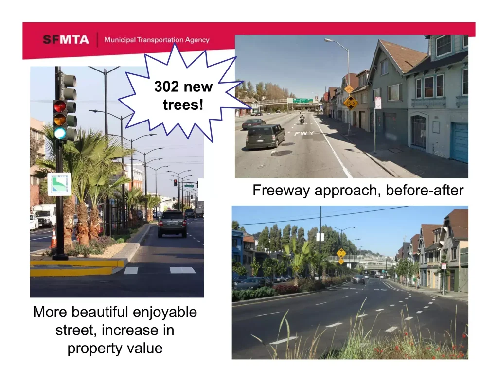 Slides from a 2014 SFMTA presentation showcasing the changes made to Cesar Chavez Street.