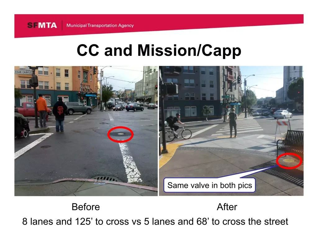 Slides from a 2014 SFMTA presentation showcasing the changes made to Cesar Chavez Street.