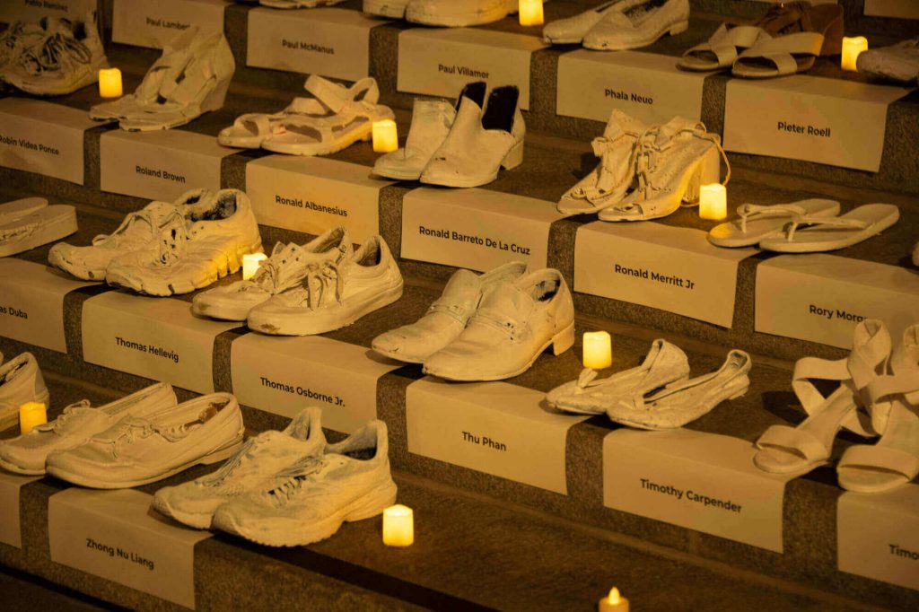 317 pairs of 'ghost shoes' on display as part of a temporary memorial at World Day of Remembrance for Road Traffic Victims on November 17, 2024. Each pair represents a person who was killed in a traffic crash in San Francisco in the last decade. Photo by William McLeod.