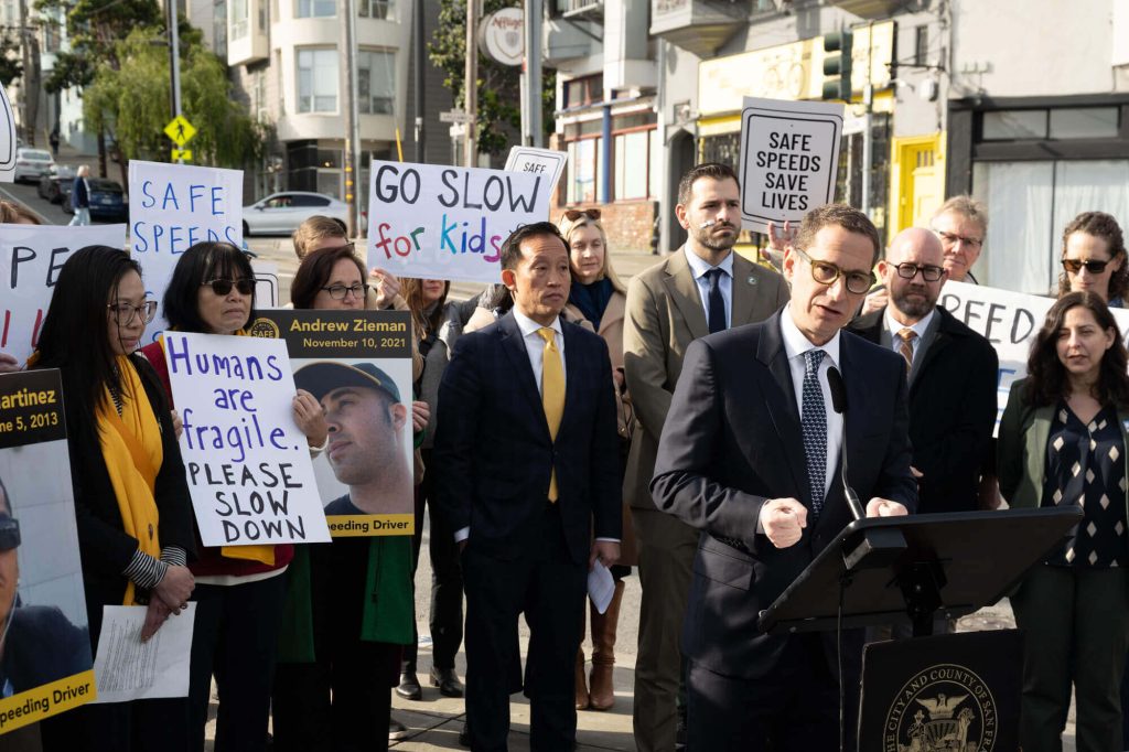 Mayor Daniel Lurie speaking at the press conference launching speed cameras. Photo by William McLeod.